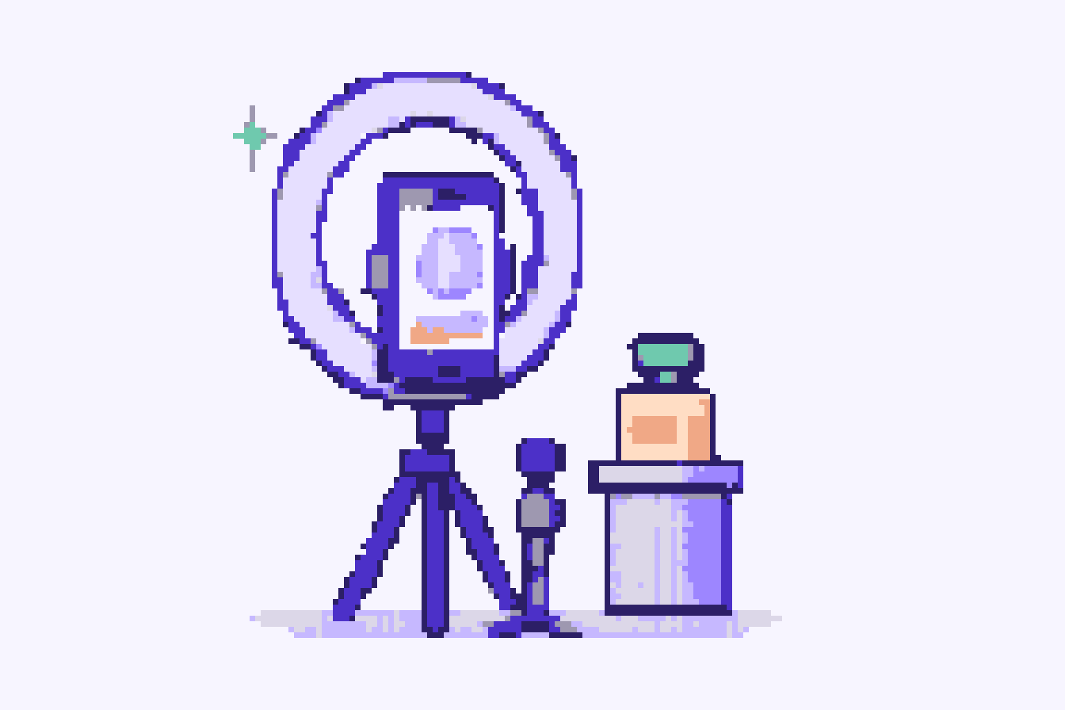 Pixel-art phone on a tripod with a ring light pointed at a product