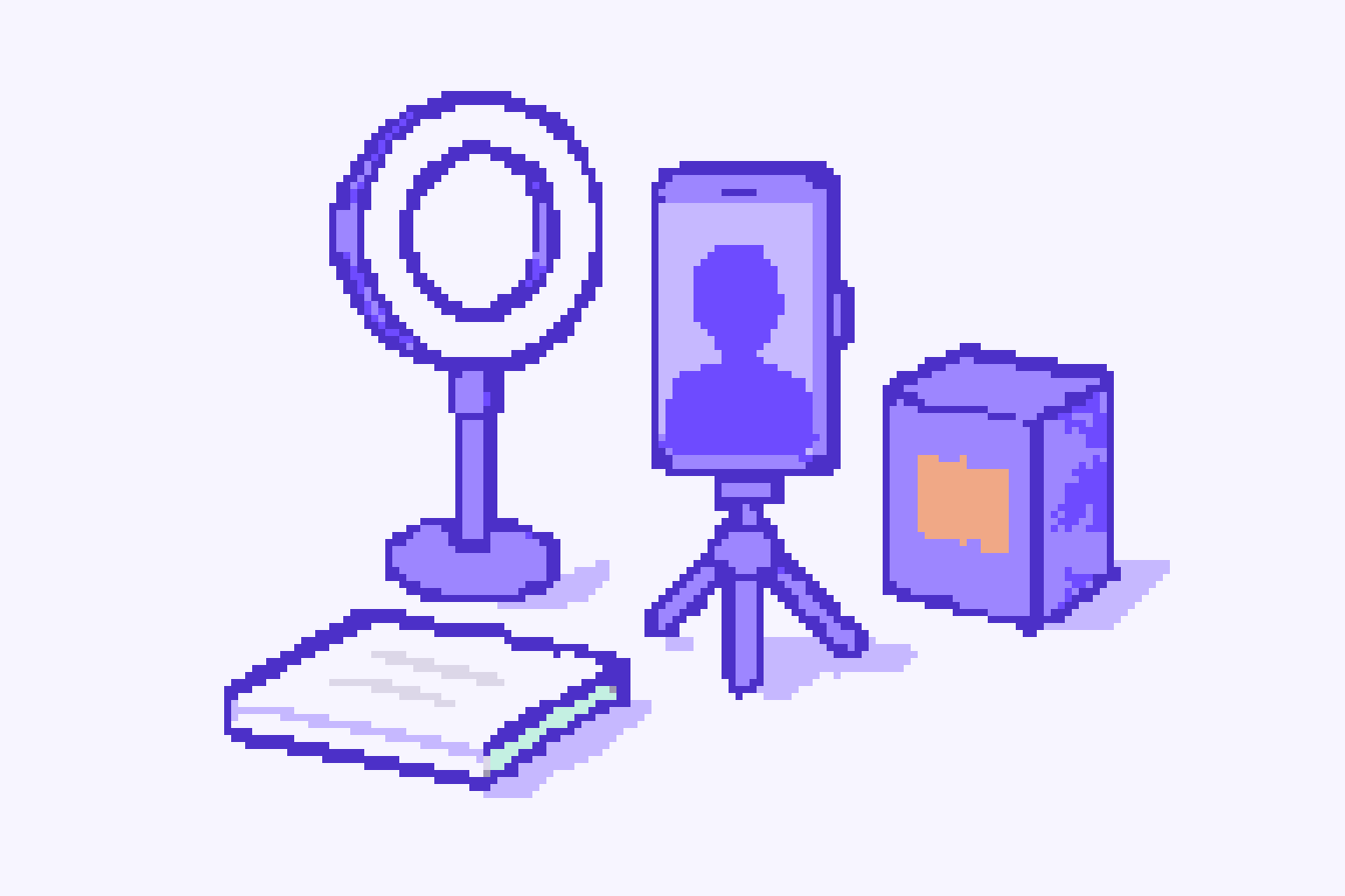 Pixel-art beginner UGC kit with a phone on a mini tripod, ring light, product box and notebook