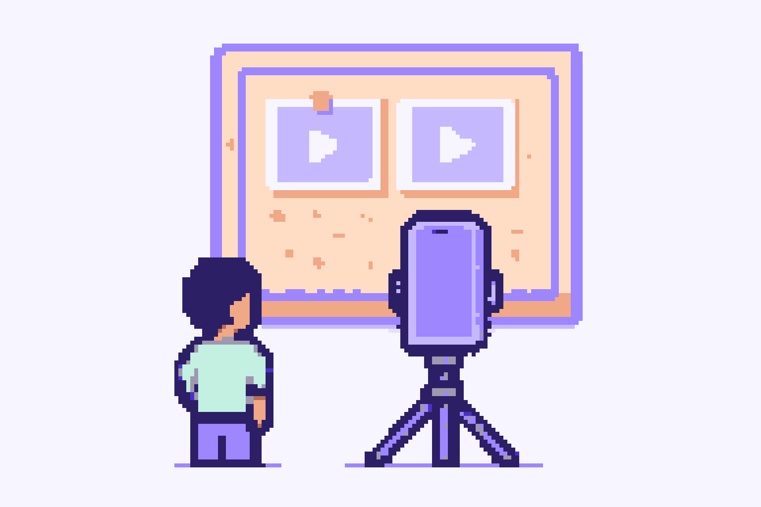 Pixel-art pinboard of vertical video frames with play buttons, a phone on a tripod and a creator seen from behind