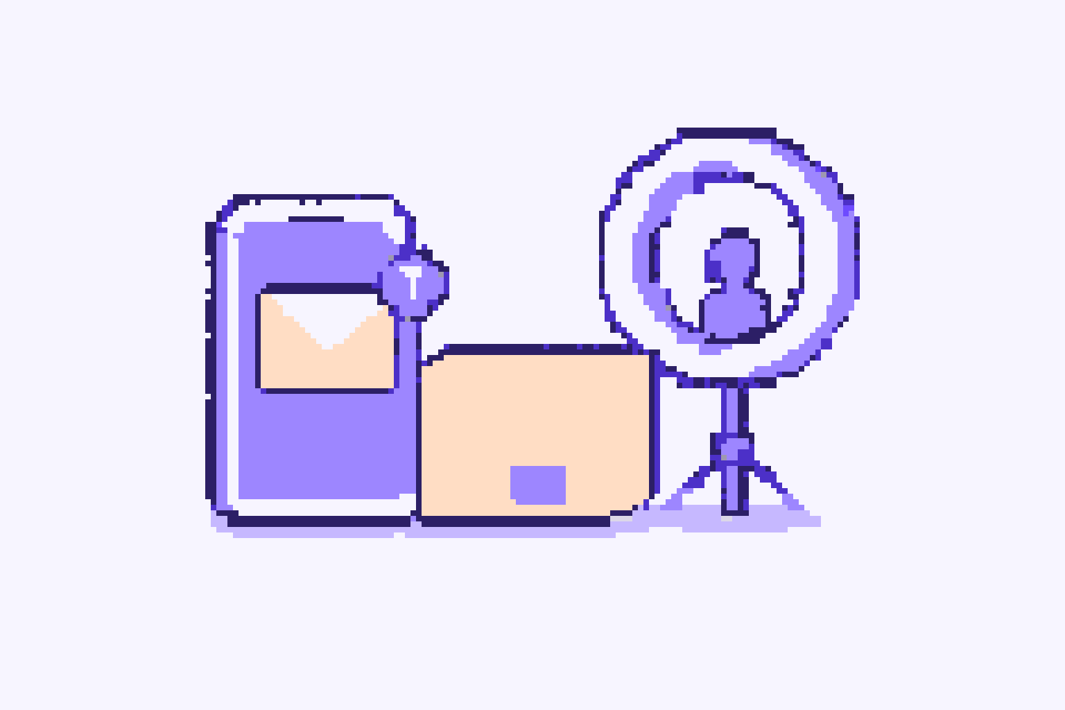Pixel-art phone with a new-message envelope beside a parcel and a ring light
