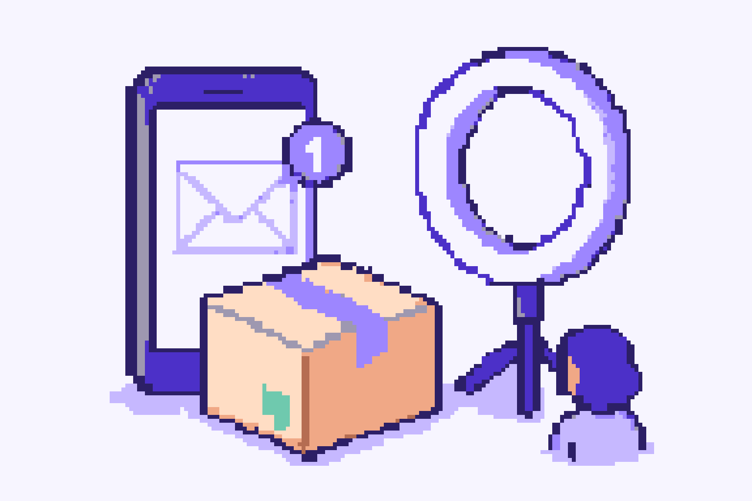 Pixel-art phone with a new-message envelope beside a parcel and a ring light