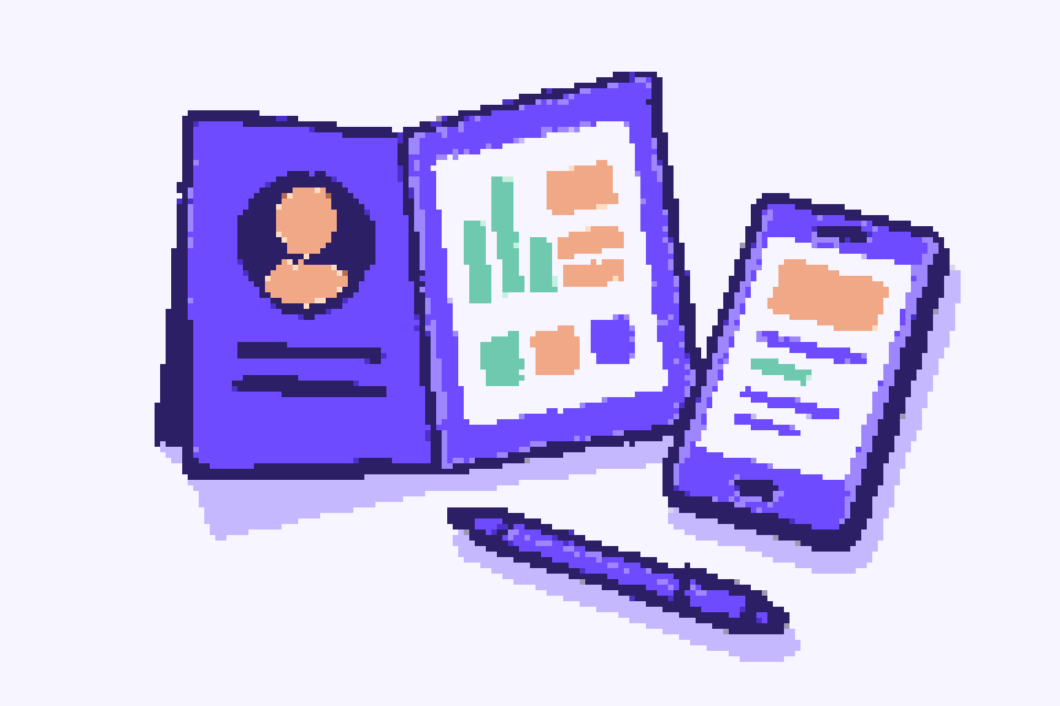 Pixel-art open media kit with abstract charts and a profile badge beside a phone and pen