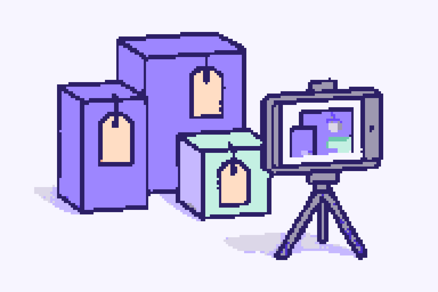 Pixel-art product boxes with blank violet price tags, filmed by a phone on a tripod