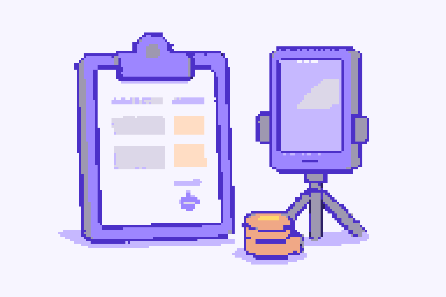Pixel-art rate card on a clipboard beside a phone on a mini tripod and a stack of coins