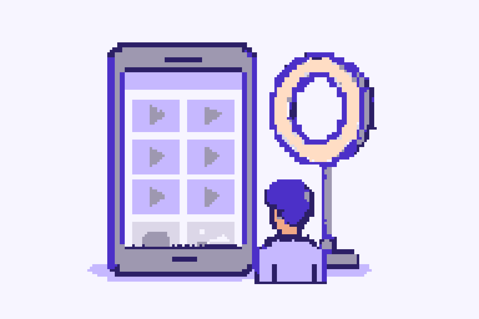 Pixel-art phone showing a grid of vertical video thumbnails with play buttons beside a ring light