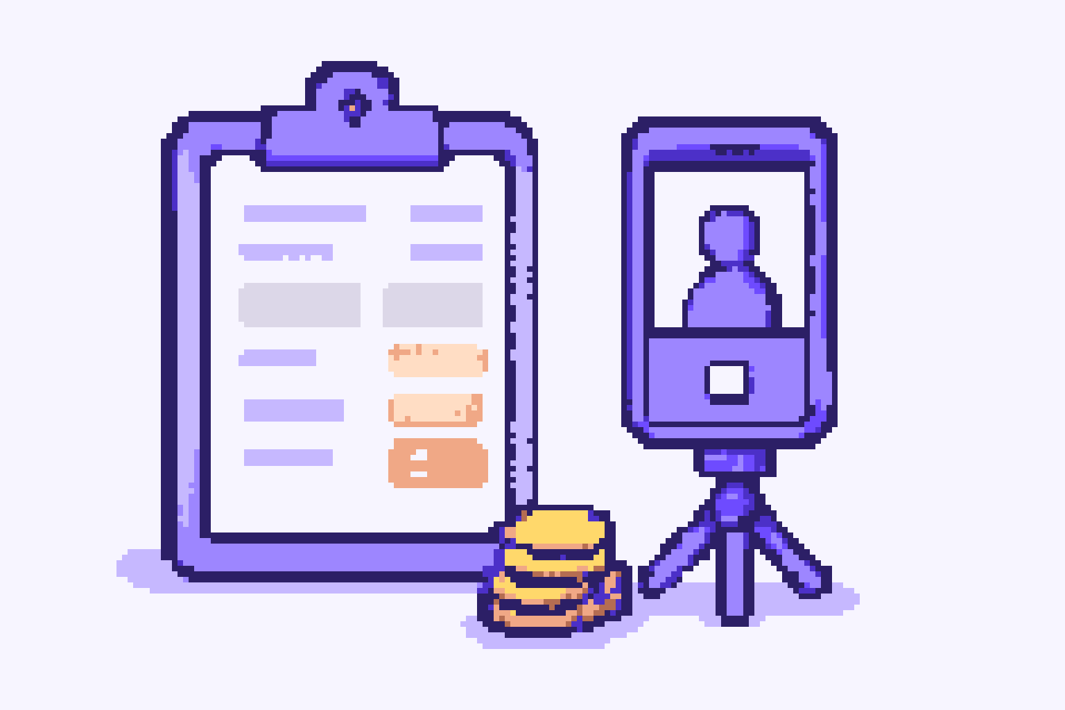 Pixel-art rate card on a clipboard beside a phone on a mini tripod and a stack of coins
